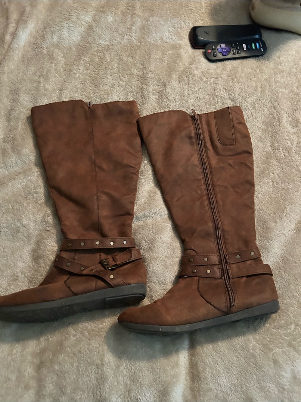 Fergalicious Women’s Brown Knee-High Buckle Strap Boots